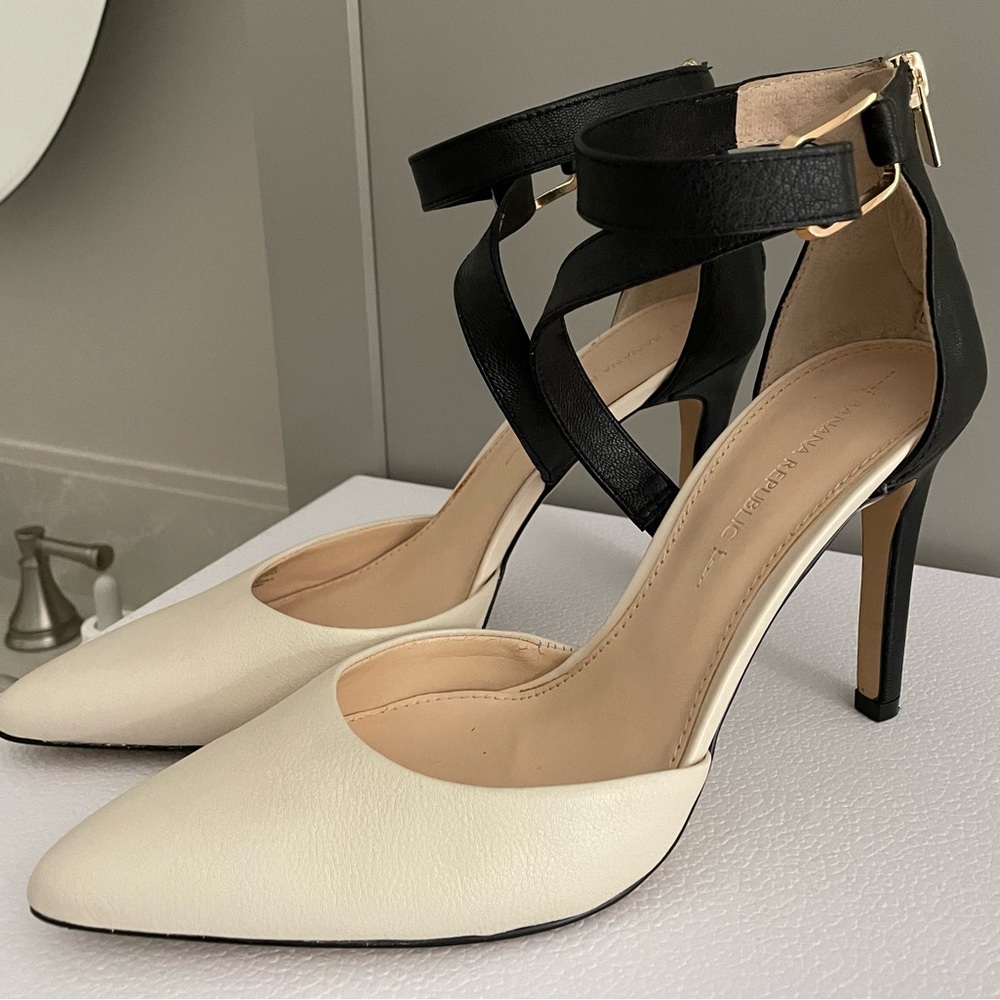 X-ankle straps-black leather;toe box-cream color leather;zip back; 4” heel